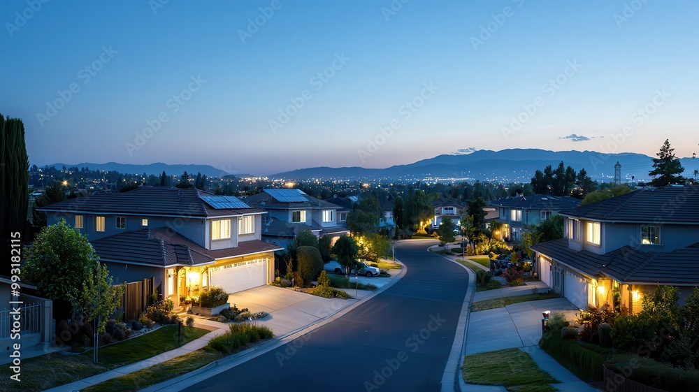 Fototapeta premium A serene suburban street illuminated at dusk, showcasing homes, gentle curves, and distant hills under a twilight sky.