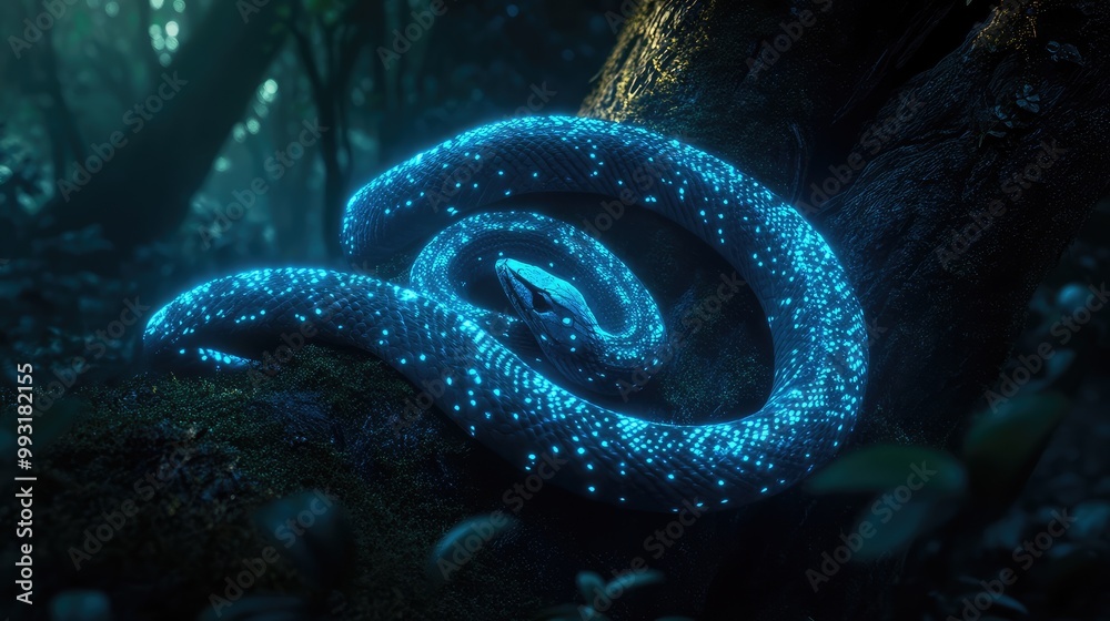 Fototapeta premium Bioluminescent robotic snake coiled around a tree trunk , glowing in the darkness of the forest
