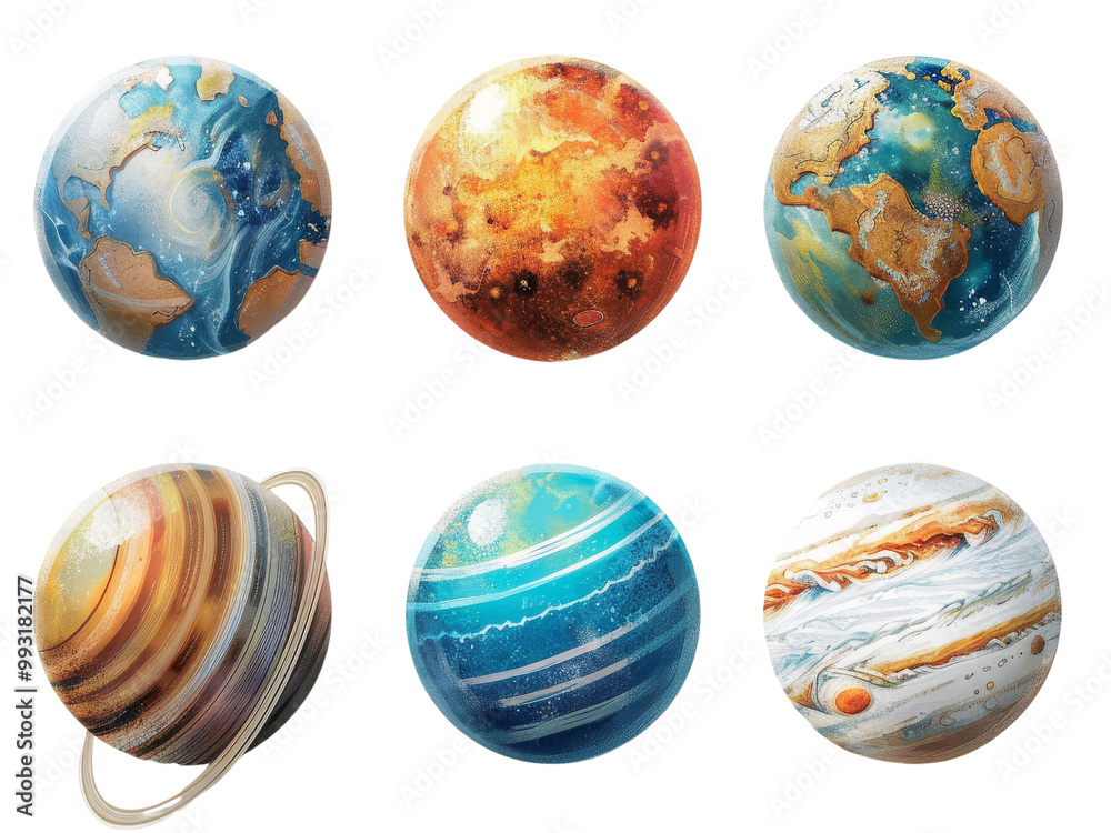 Colorful and artistic representations of planets, including Earth, Mars, and Saturn, showcasing unique textures and vibrant colors. These celestial bodies evoke sense of wonder and exploration