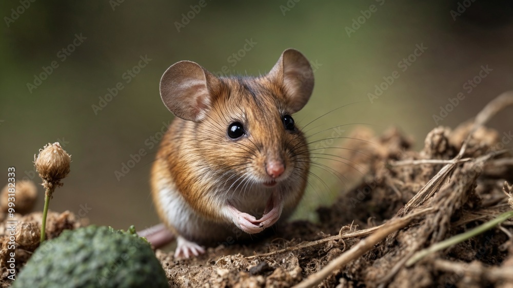 Gray mouse on the ground in a curious mood, exploring nature Gray mouse on the ground in a curious mood, exploring nature