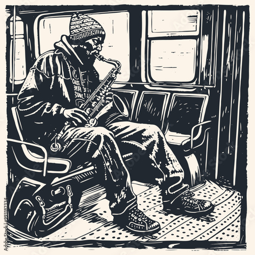 Black man playing saxophone in subway car, vector illustration