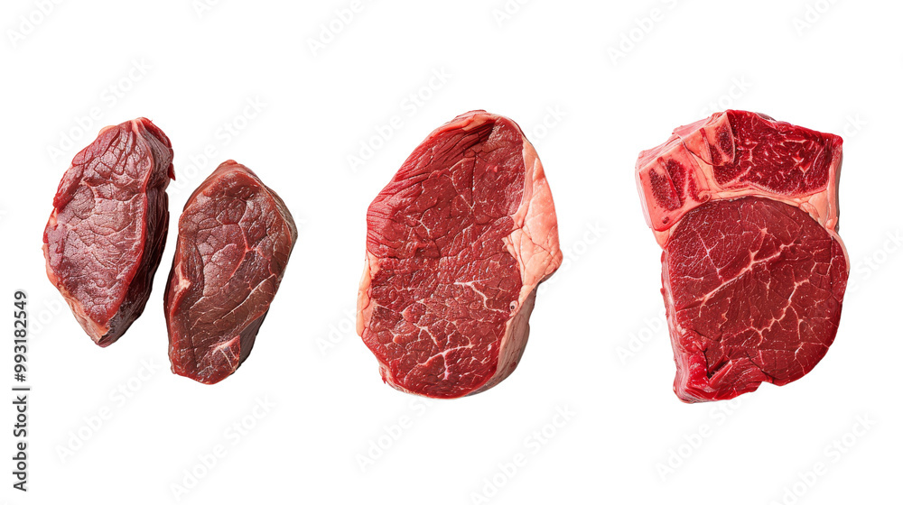 Fresh cuts of beef displayed in various sizes, showcasing rich color and texture of meat. Ideal for culinary presentations or butchery references Fresh cuts of beef displayed in various sizes, showcasing rich color and texture of meat. Ideal for culinary presentations or butchery references