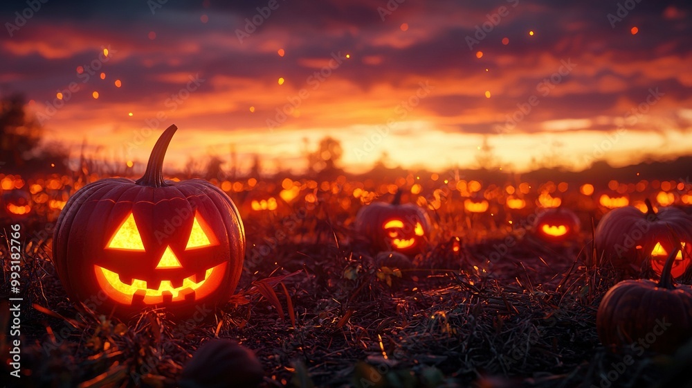 Fototapeta premium Jack-o'-lantern pumpkins fill a field, with a sunset in the background and clouds in the sky