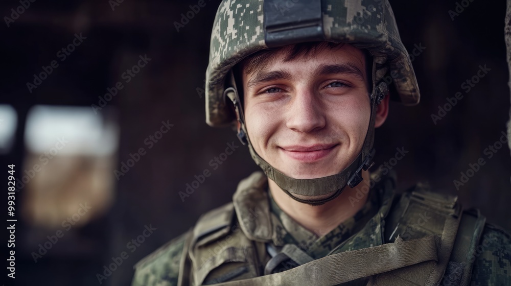 Soldier in a camouflage uniform and helmet, smiling outdoors. Human aspect of military service. AI image. Soldier in a camouflage uniform and helmet, smiling outdoors. Human aspect of military service. AI image.