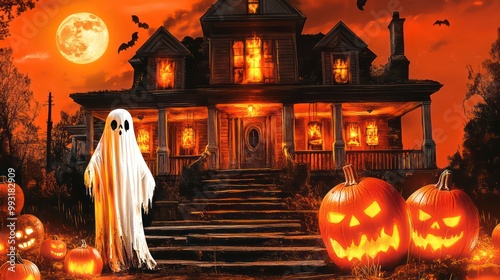 halloween haunted house with a hot orange background 
