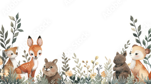 charming illustration featuring adorable woodland animals like deer, fox, and bear surrounded by delicate flowers and greenery, evoking sense of whimsy and nature photo