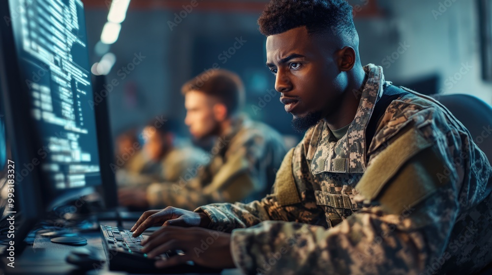 Soldier in military uniform working at a computer. High-tech feel, indicating a focus on technology and digital operations. AI-generated! Soldier in military uniform working at a computer. High-tech feel, indicating a focus on technology and digital operations. AI-generated!