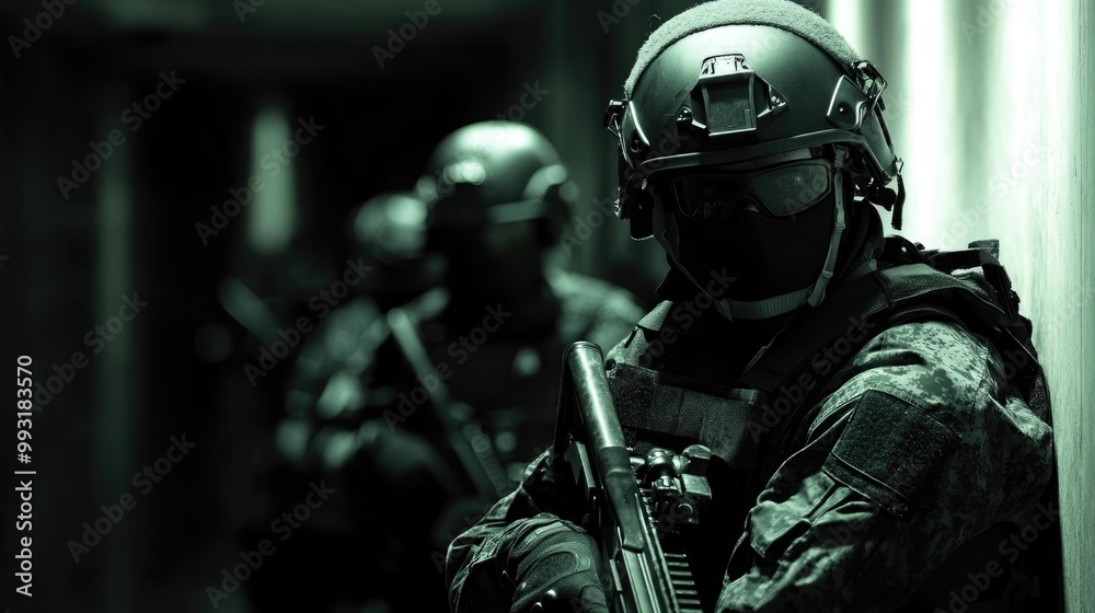 Soldier in tactical gear and camouflage uniform holding a rifle. AI generated! Soldier in tactical gear and camouflage uniform holding a rifle. AI generated!