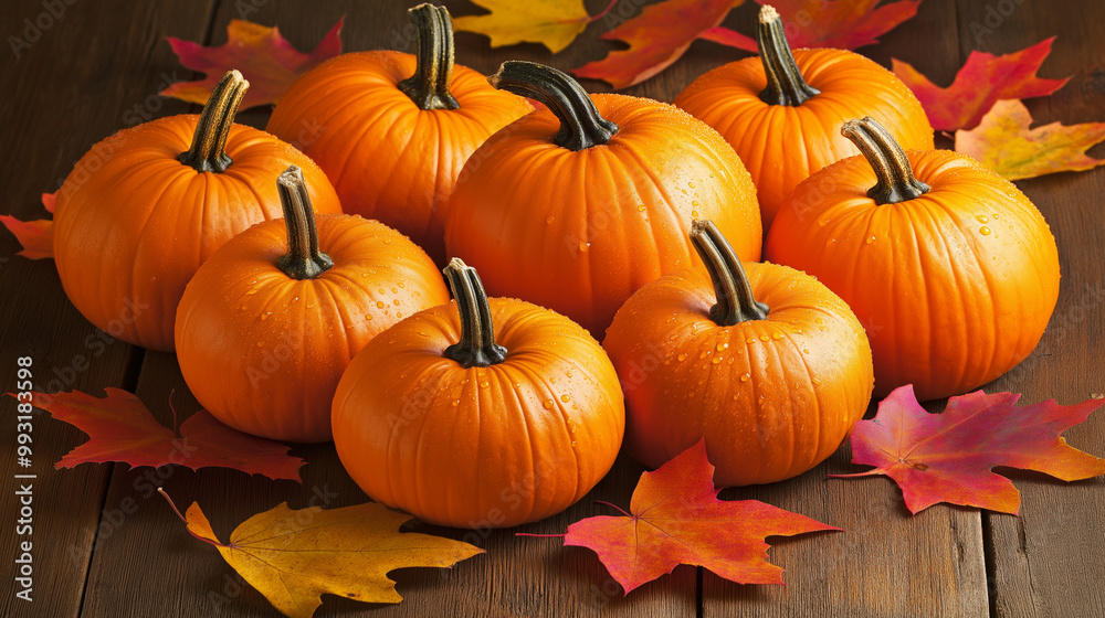 Bright orange pumpkins with water droplets on a wooden surface, surrounded by colorful autumn leaves. Perfect for fall harvest, Thanksgiving, or Halloween-themed designs with a rustic seasonal vibe. Bright orange pumpkins with water droplets on a wooden surface, surrounded by colorful autumn leaves. Perfect for fall harvest, Thanksgiving, or Halloween-themed designs with a rustic seasonal vibe.