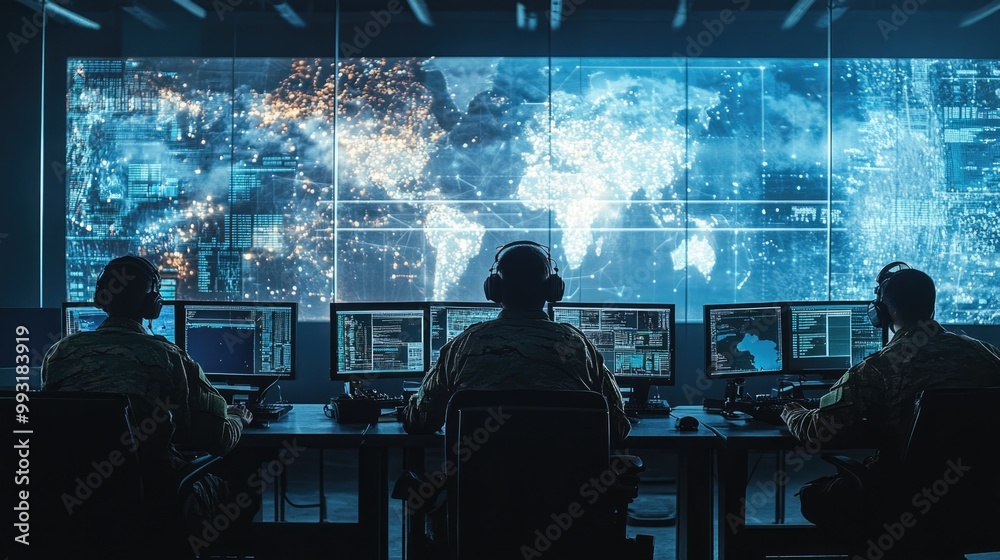 Soldier in military uniform working at a computers. Focus on technology and digital operations. AI-generated! Soldier in military uniform working at a computers. Focus on technology and digital operations. AI-generated!