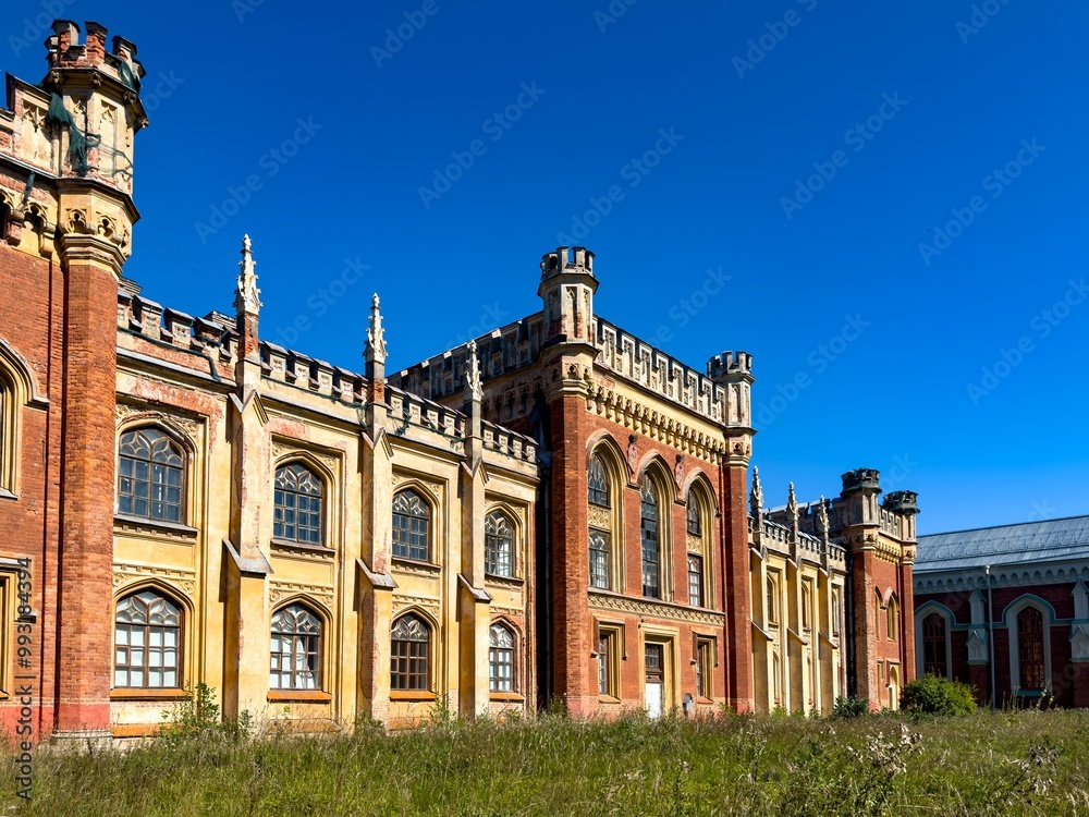 Naklejka premium A wide-angle shot of a grand historic estate with intricate Gothic architecture, featuring tall arched windows and decorative towers. The scene is set on a sunny day with a vibrant blue sky