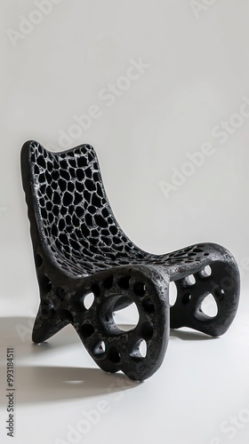 organic chair made of black concrete and with a pattern of cholla cactus wood isolated on a white background