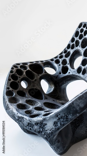 organic chair made of black concrete and with a pattern of cholla cactus wood isolated on a white background