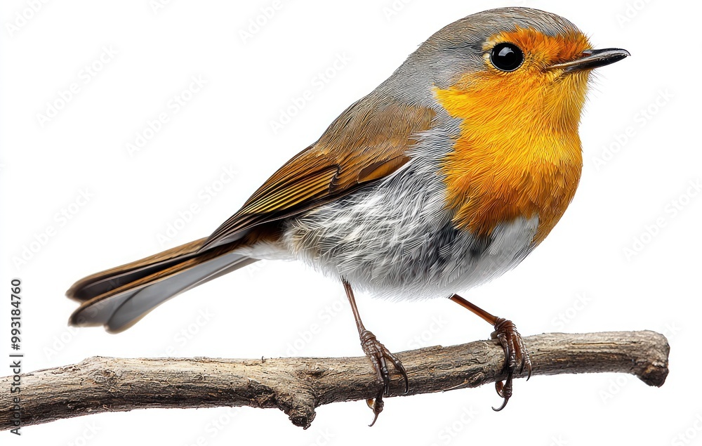 Fototapeta premium European robin perched on a wooden branch with orange breast feathers and soft blurred background Generative AI