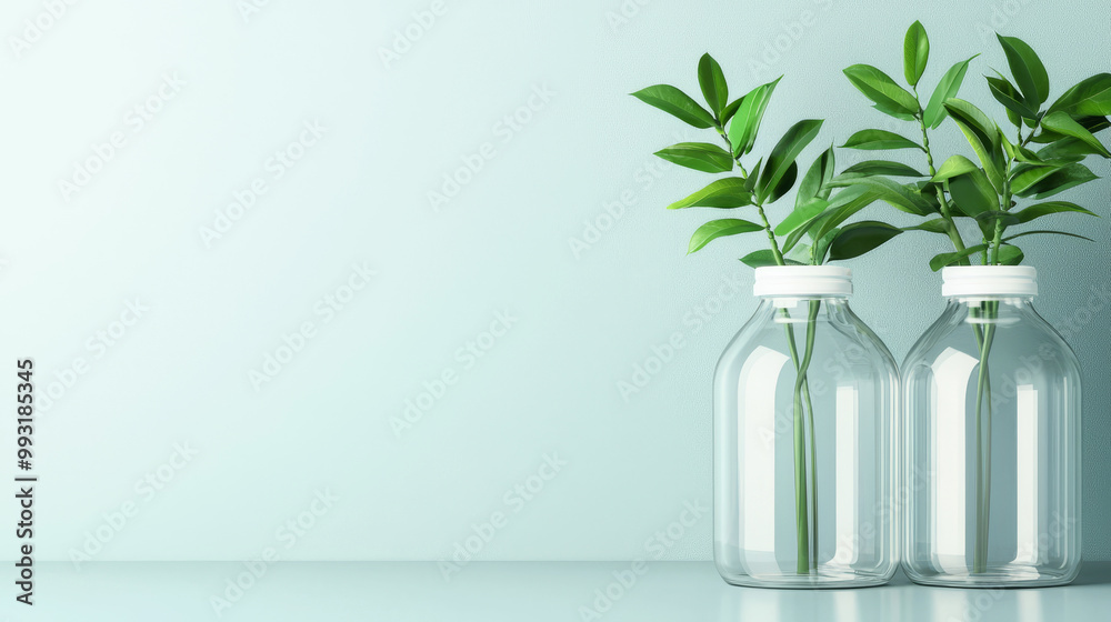 Two glass bottles with fresh green leaves against a soft pastel background. Two glass bottles with fresh green leaves against a soft pastel background.