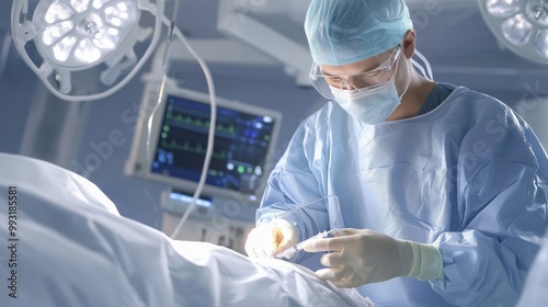 A doctor carefully performs a subclavian catheter insertion in a modern surgical suite during a critical procedure