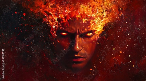  A close-up image of a man facing a blazing fire with a fireball hovering over his head