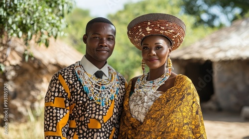 Celebrating Love in Zimbabwe: Traditional Shona Wedding Couple in Village Setting Wearing Beautiful Outfits photo