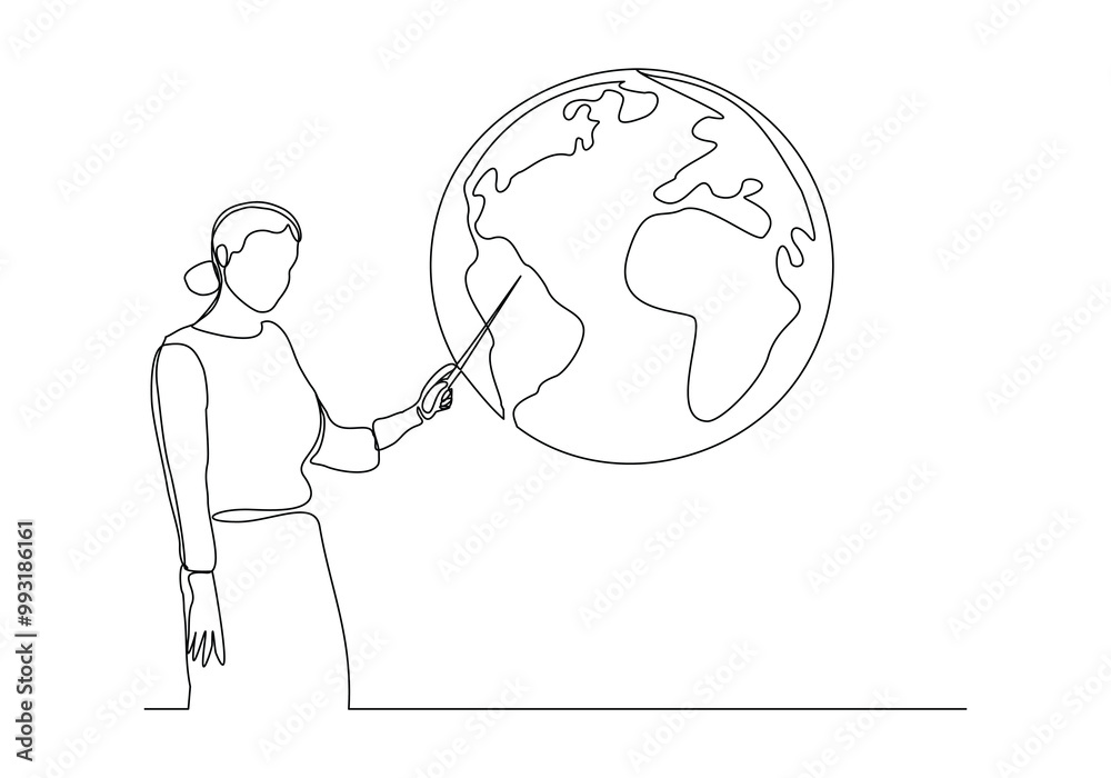 Continuous single line sketch drawing of standing presenter woman presentation pointing on world earth globe with stick explain map weather meteorology prediction. One line art vector illustration