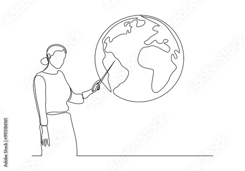 Continuous single line sketch drawing of standing presenter woman presentation pointing on world earth globe with stick explain map weather meteorology prediction. One line art vector illustration