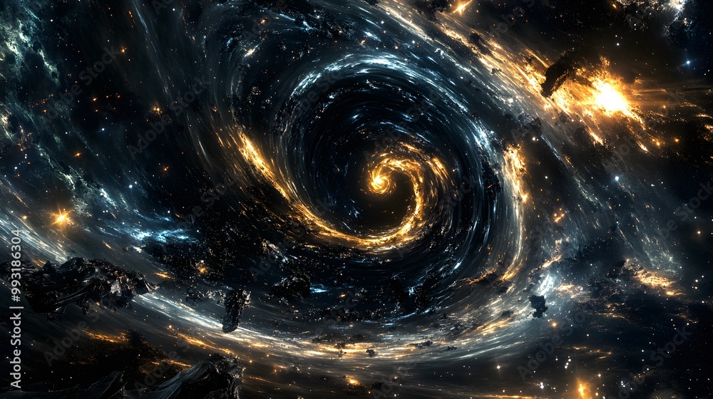 Massive black hole at the center of a swirling galaxy, stars and cosmic debris being pulled into its gravitational abyss, symbolizing destruction and the end of worlds. Massive black hole at the center of a swirling galaxy, stars and cosmic debris being pulled into its gravitational abyss, symbolizing destruction and the end of worlds.