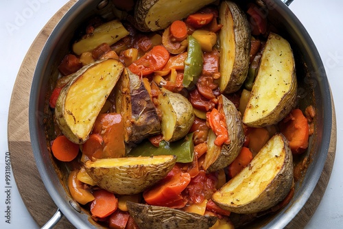 A photo of roasted potato wedges with vegetable stew in a pan photo