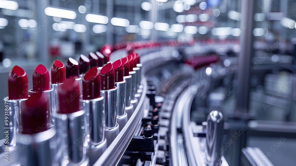 Obraz premium Red Lipstick Tubes on Automated Production Line in Cosmetics Manufacturing Factory