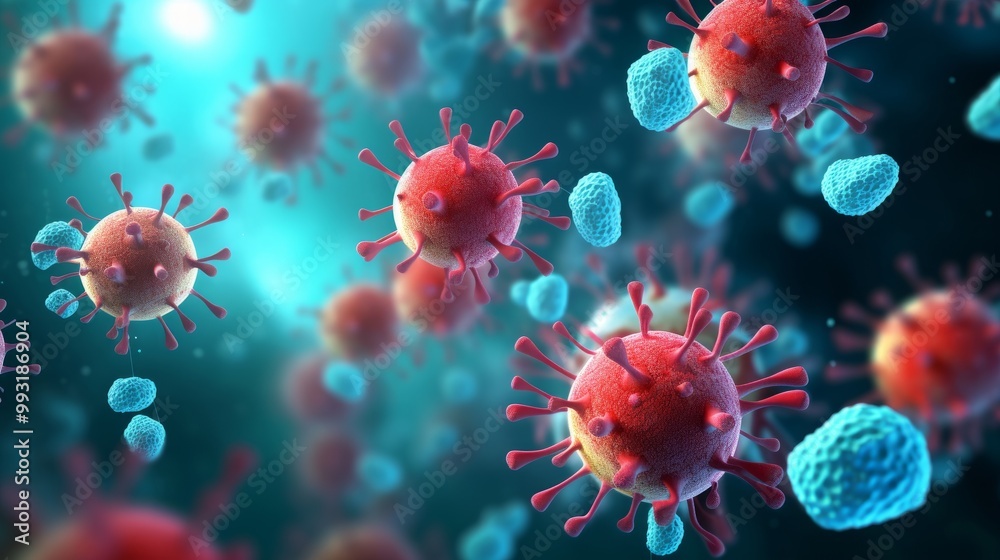 Pathogen respiratory coronavirus flu outbreak. Microscopic view of floating influenza virus cells. Dangerous Covid coronavirus, pandemic risk concept. Pathogen respiratory coronavirus flu outbreak. Microscopic view of floating influenza virus cells. Dangerous Covid coronavirus, pandemic risk concept.