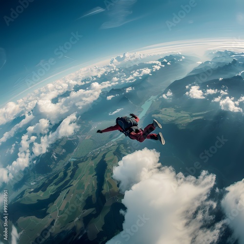 Skydiver in flight over the clouds. Person jumping in the sky. Skydiver in jump. Jumping with parachute. Land view from bird perspective. Concept of freedom.