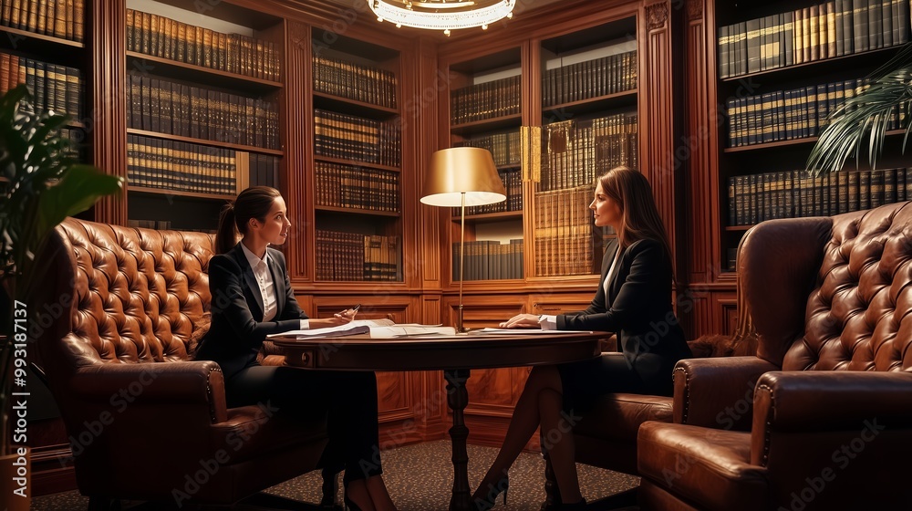 Fototapeta premium Two professionals discussing legal matters in a stylish library setting during the afternoon