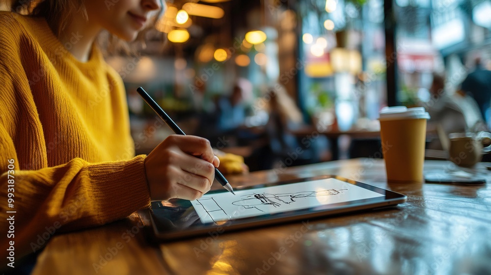 A person in a cozy café sketches on a tablet while enjoying a beverage, surrounded by a warm ambiance and other patrons. A person in a cozy café sketches on a tablet while enjoying a beverage, surrounded by a warm ambiance and other patrons.