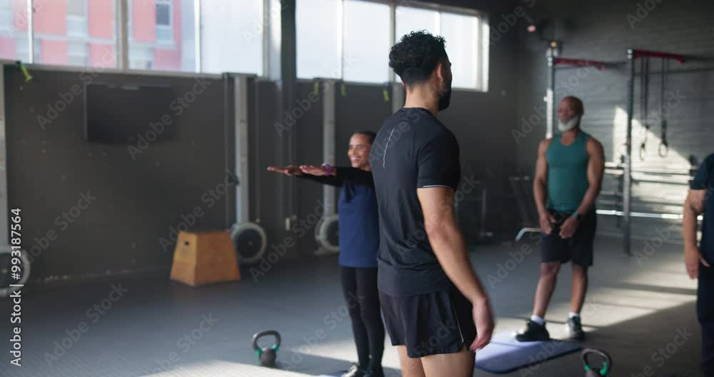 Coach, high five and man with group in gym for training, people and celebration for goal at club in retirement. Person, elderly men and women for diversity with success, exercise and fitness in class