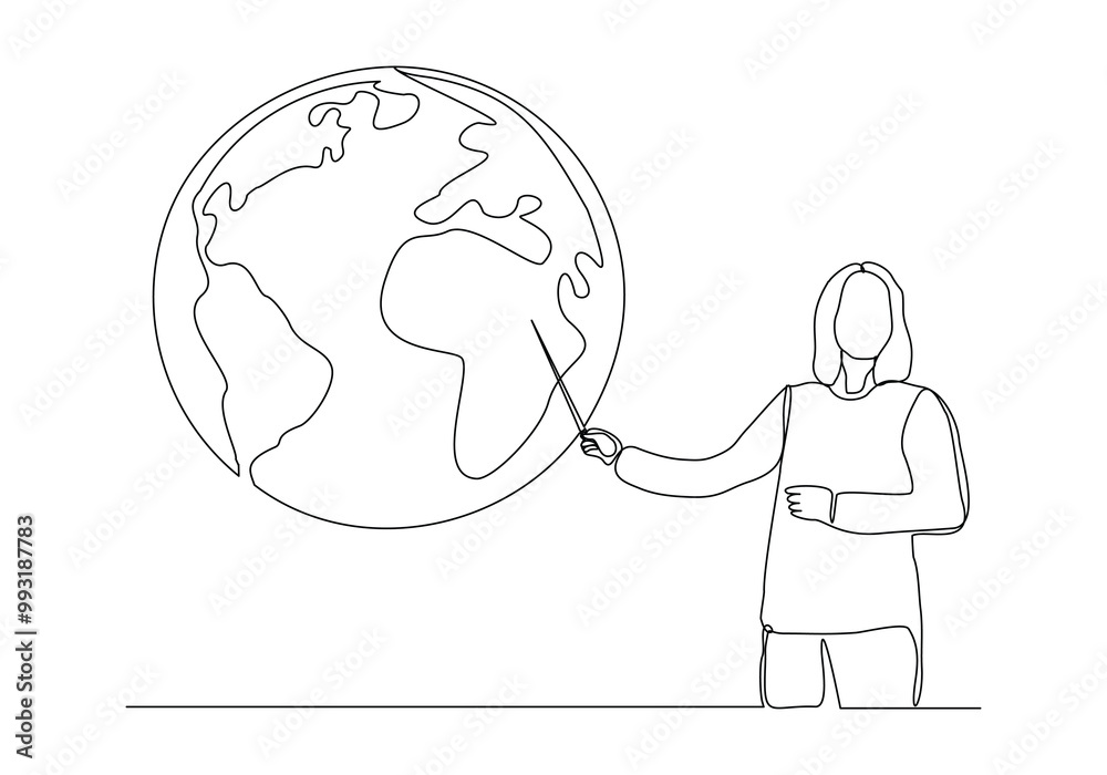 Continuous single line sketch drawing of standing presenter woman presentation pointing on world earth globe with stick explain map weather meteorology prediction. One line art vector illustration Continuous single line sketch drawing of standing presenter woman presentation pointing on world earth globe with stick explain map weather meteorology prediction. One line art vector illustration