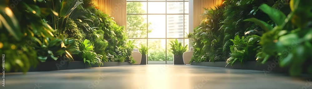 Modern Indoor Garden Design 3D Illustration - Green Walls, Sunlight, Minimalist Decor