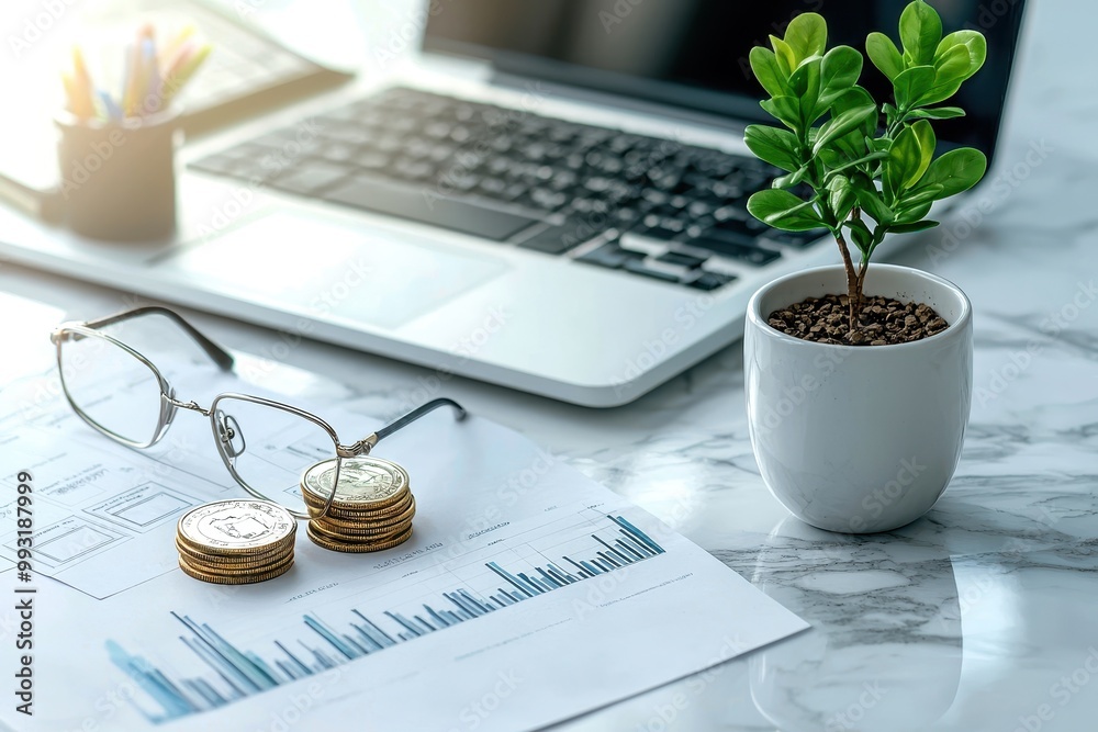 A modern workspace featuring a laptop, coins, plant, and financial reports, ideal for business and productivity themes. A modern workspace featuring a laptop, coins, plant, and financial reports, ideal for business and productivity themes.