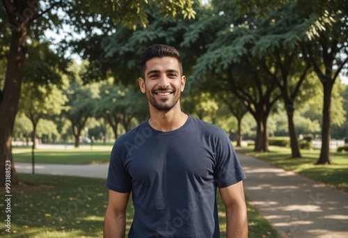 Handsome Middle Eastern man on a sunny day. Middle Eastern male smiling outdoors. Happy Middle Eastern man enjoying the outdoors.