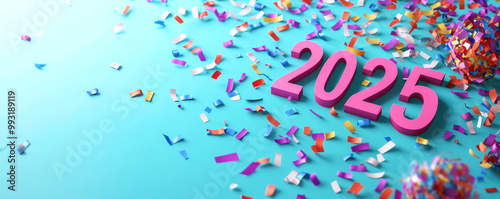 Colorful confetti and vibrant numbers 2025 on a bright background, perfect for celebrations and New Year themes. photo