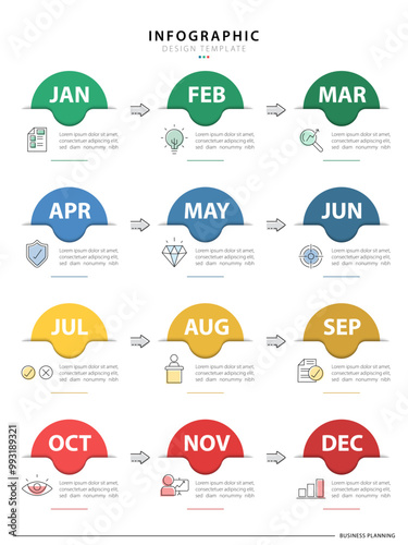 Timeline calendar infographic template. 12 Step timeline journey, Simple flat year plan infographics. Business concept with 12 options, diagram vector illustration.