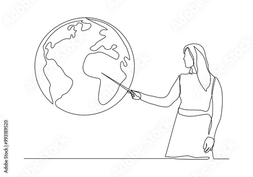 Continuous single line sketch drawing of standing presenter woman presentation pointing on world earth globe with stick explain map weather meteorology prediction. One line art vector illustration