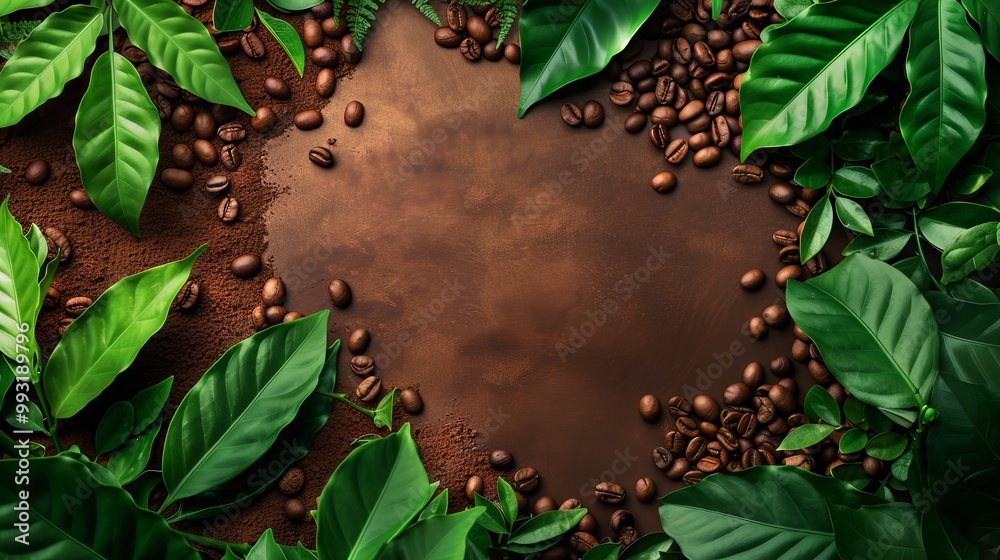 Fototapeta premium A background image of coffee beans with green leafs