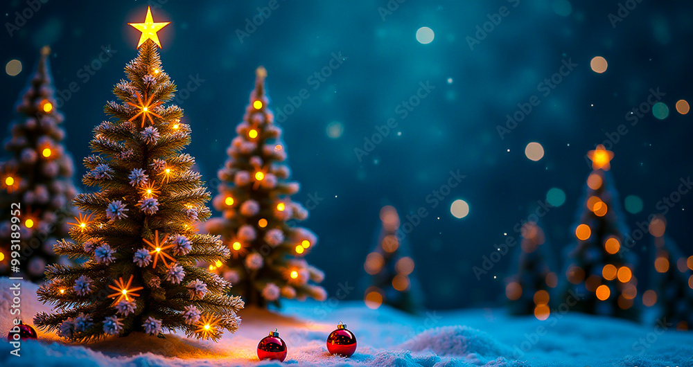 Obraz premium Festive Christmas backdrop featuring a tree and decorations ideal for greetings Winter theme Happy New Year card with copy space