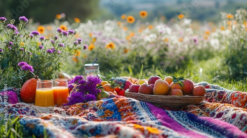 A vibrant picnic scene with fruits and drinks set against a colorful floral backdrop. photo