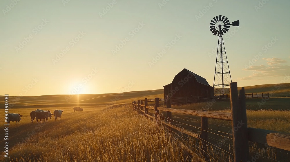 Obraz premium Serene Sunset Over Farm Landscape with Windmill