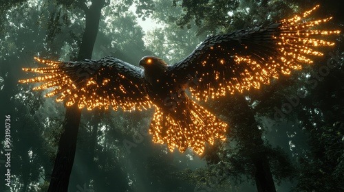 Glowing robotic eagle soaring over the forest with illuminated wings reflecting on the trees below photo