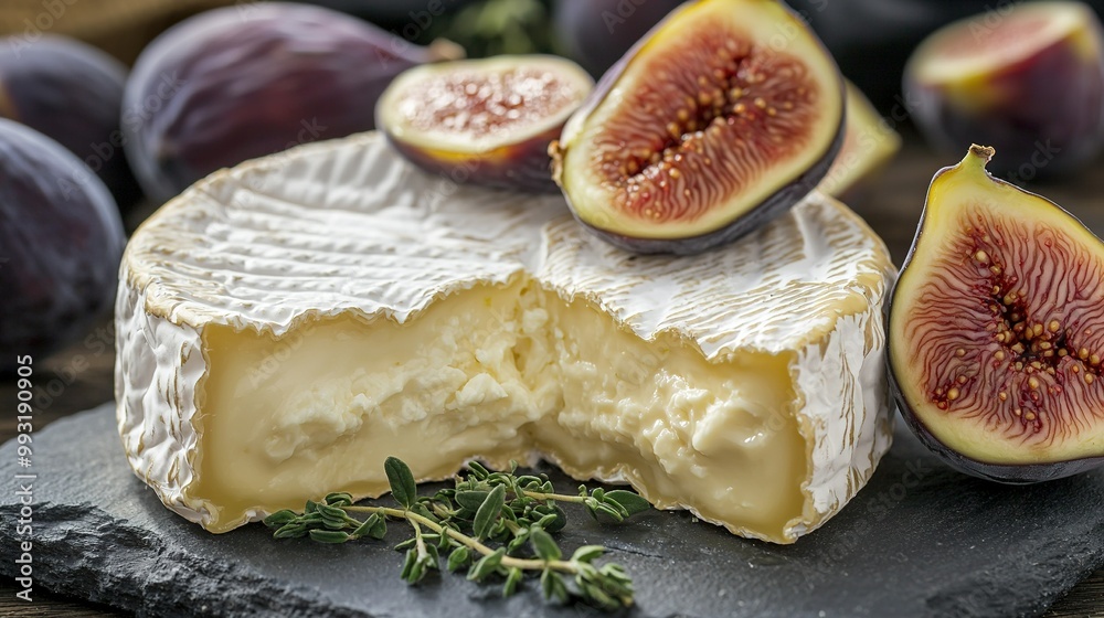 Cheese, bite removed, on slate platter with figs in background Cheese, bite removed, on slate platter with figs in background