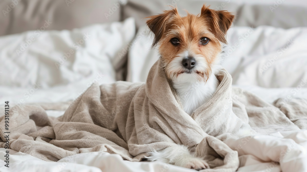 ?lose-up ill dog lying under white blanket in bed of pet owner. Favorite pet feel bad, lonely. Veterinary concept of care, mood of domestic animals. ?lose-up ill dog lying under white blanket in bed of pet owner. Favorite pet feel bad, lonely. Veterinary concept of care, mood of domestic animals.