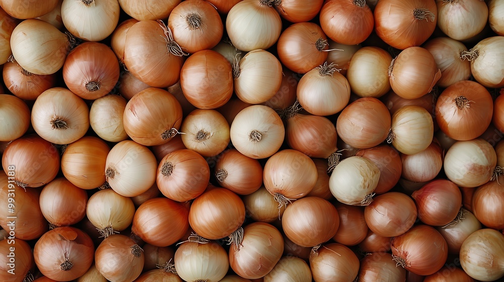 Freshly harvested onions piled together on a market display showcasing their earthy tones and natural shapes Freshly harvested onions piled together on a market display showcasing their earthy tones and natural shapes