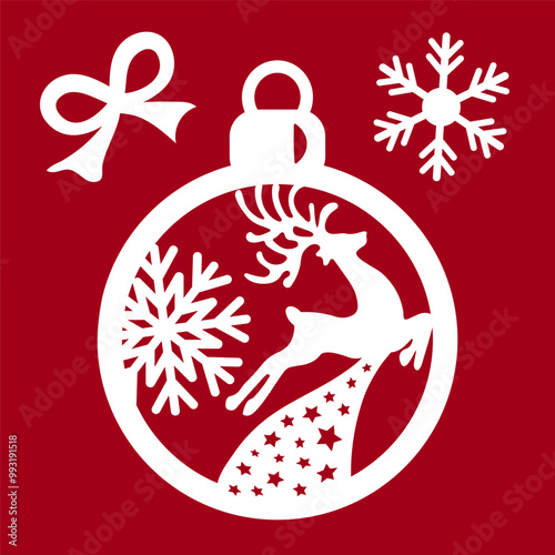 Christmas tree ball with Christmas reindeer and snowflake. Layout, stencil for cutting out