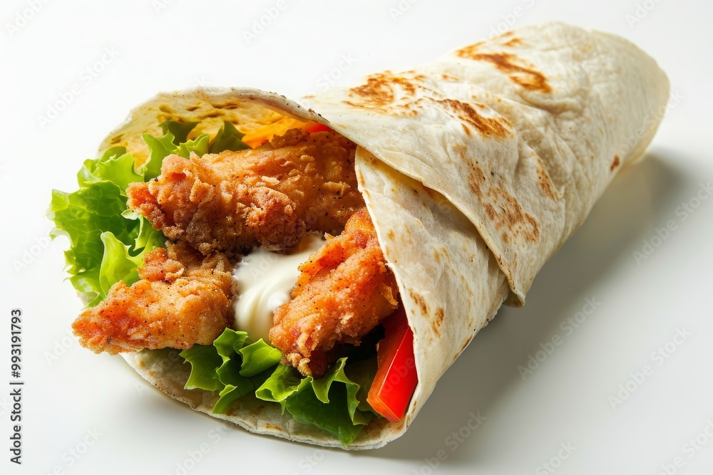 Fried Chicken tortilla wrap with white cream isolated on white, MZ Fried Chicken tortilla wrap with white cream isolated on white, MZ