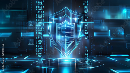 Abstract Digital Shield Protecting Data with Holographic Design and Binary Code in Cybersecurity Concept